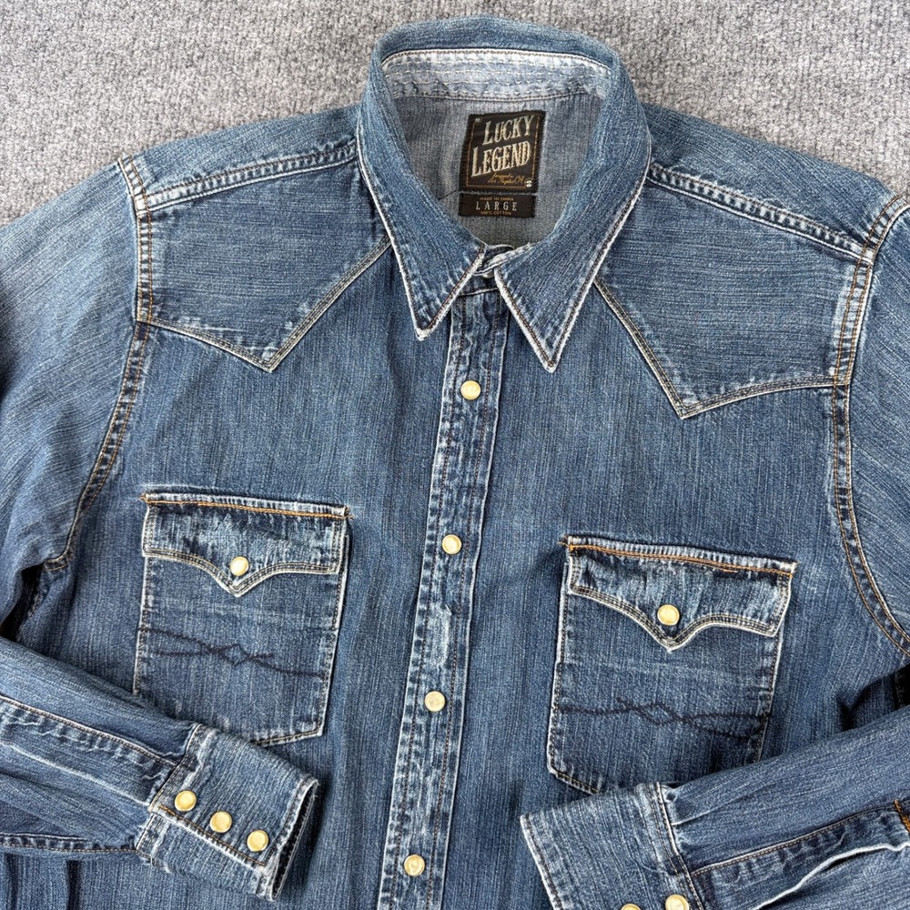 Lucky Brand Denim Pearl Snap Western Shirt Mens L Blue Faded Long Sleeve